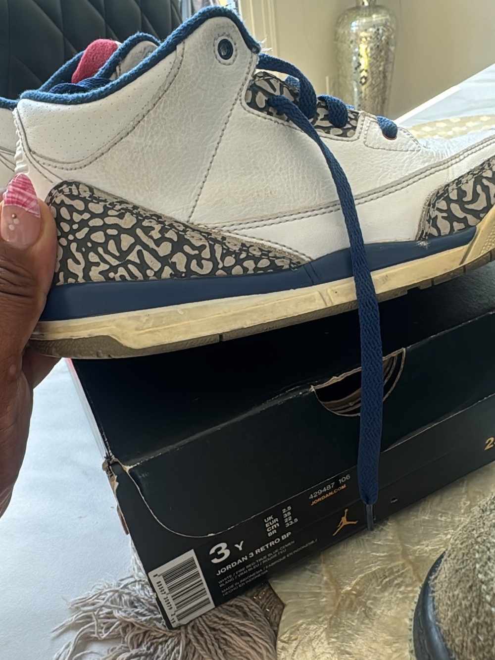 Jordan White Navy Elephant Print Kids Sneaker